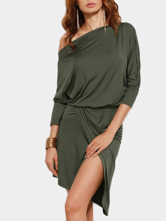 Green One Shoulder Long Sleeve Irregular Hem Casual Dresses