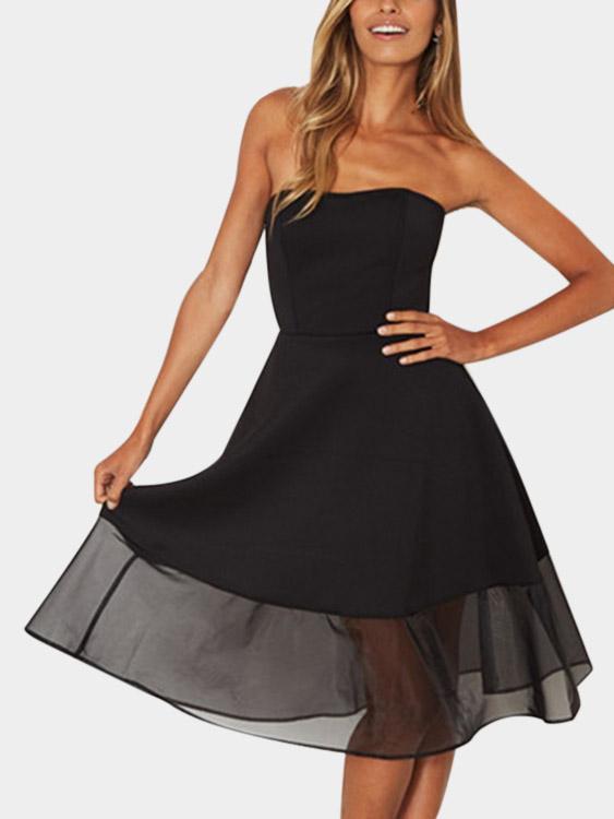 Black Strapless Off The Shoulder Sleeveless Tiered Zip Back Backless Ruffle Hem High-Waisted Sexy Dress