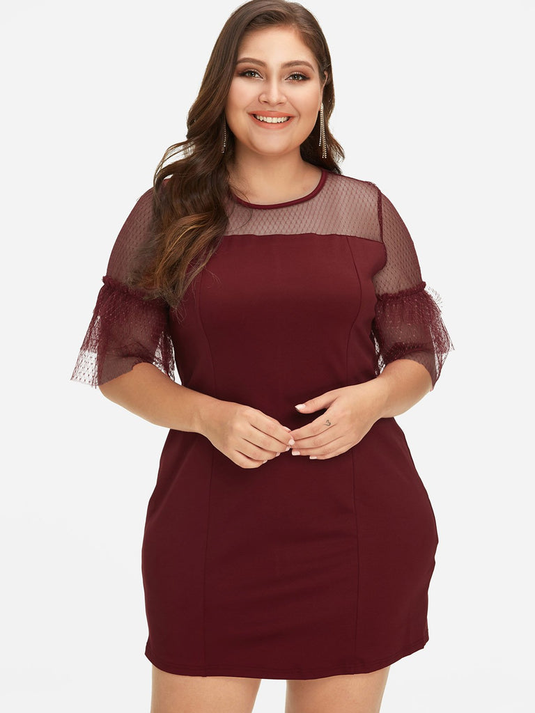 Roll Neck Plain Lace See Through Half Sleeve Burgundy Plus Size Dress