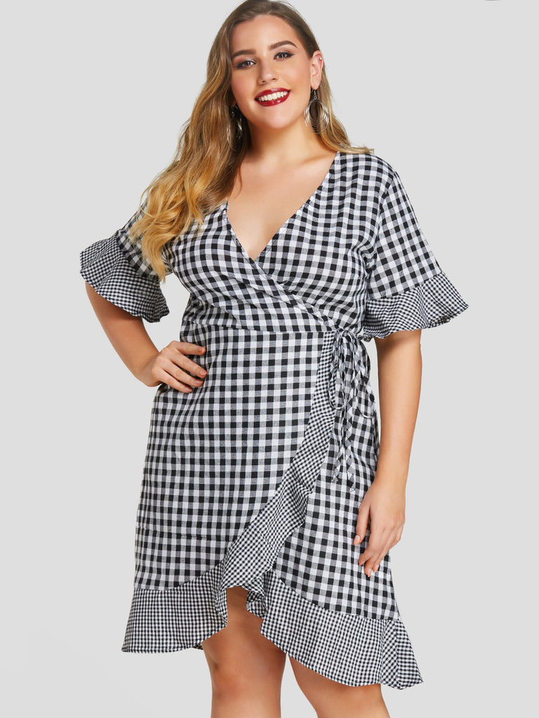 V-Neck Self-Tie Ruffle Trim Short Sleeve Plus Size Dress