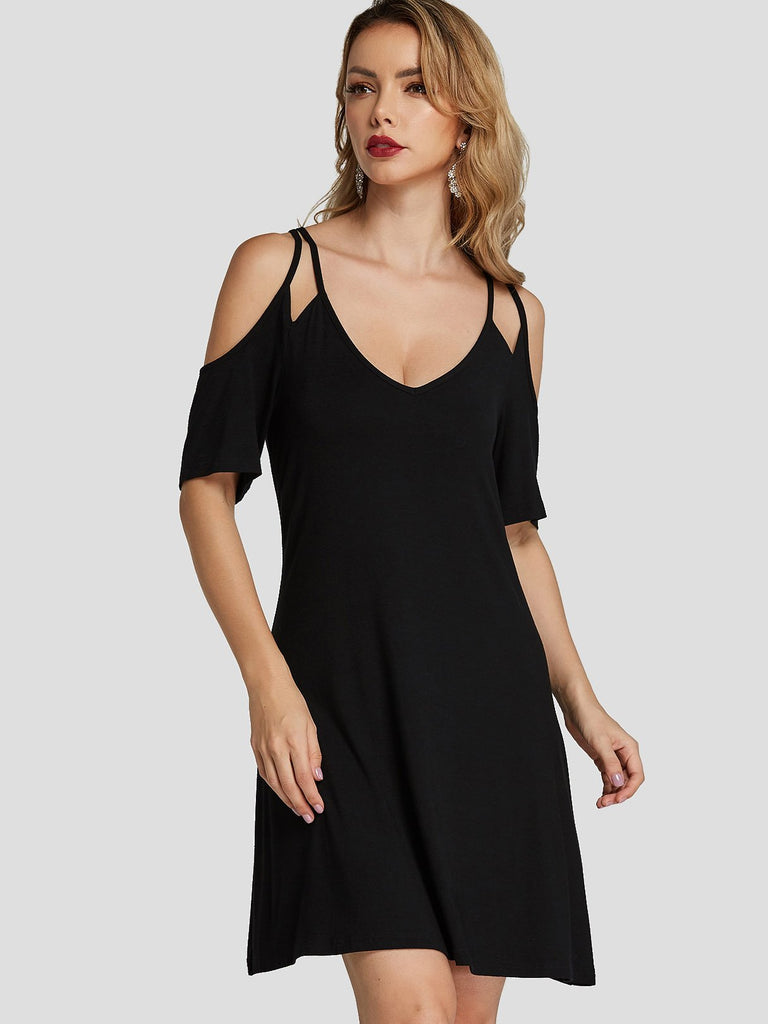 Black Scoop Neck Short Sleeve Plain Mini Dresses