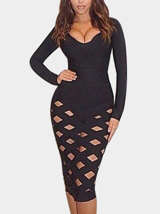 Black Round Neck Long Sleeve Random Ripped Bodycon High-Waisted Sexy Dresses