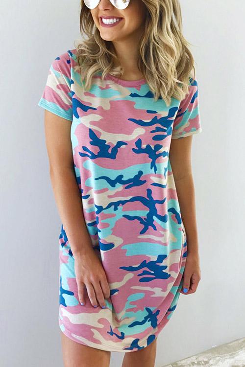 Camo Round Neck Short Sleeve Camouflage Curved Hem Casual Dress