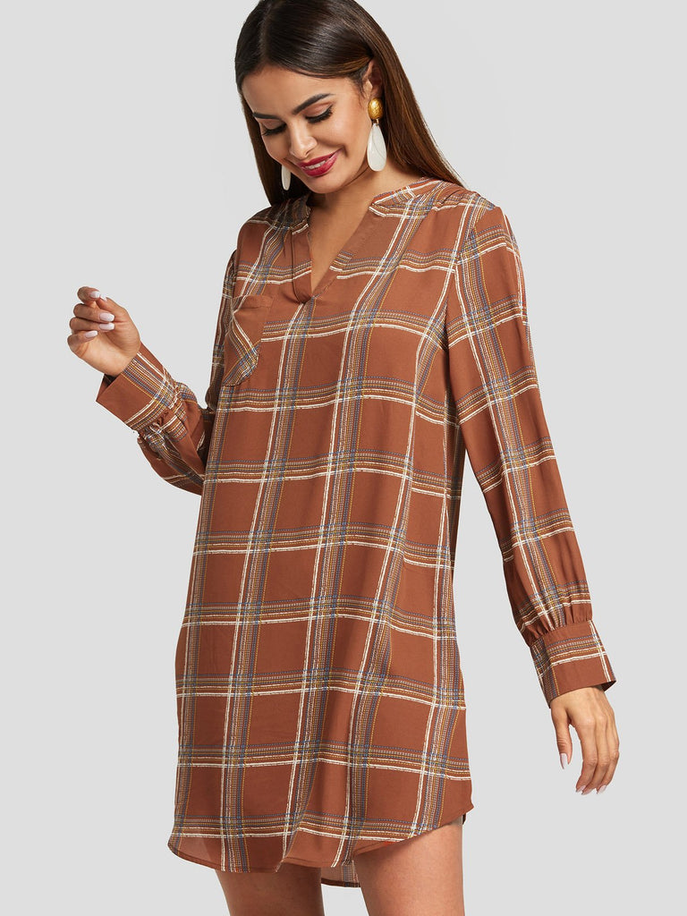 Rust V-Neck Long Sleeve Geometrical Curved Hem Dresses