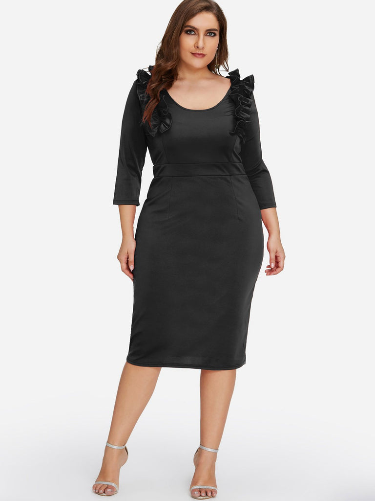 Scoop Neck Plain Ruffle Trim 3/4 Sleeve Black Plus Size Dress