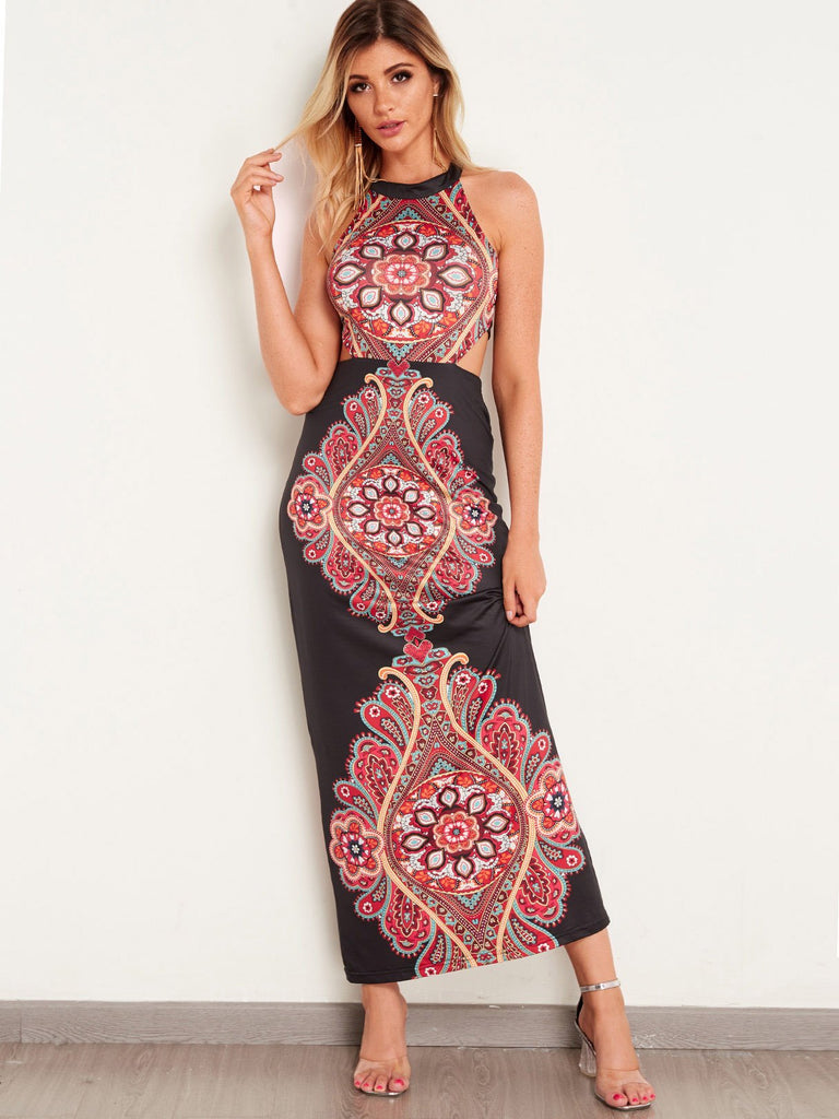 Black Halter Sleeveless Printed Backless Sexy Dress