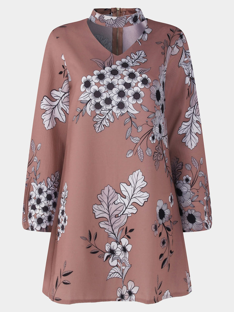 V-Neck Long Sleeve Floral Print Zip Back Cut Out Dresses