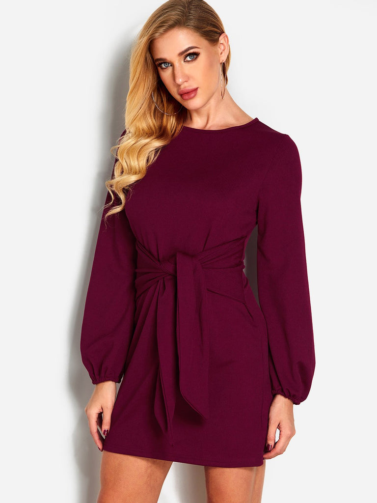 Round Neck Long Sleeve Self-Tie Casual Dress