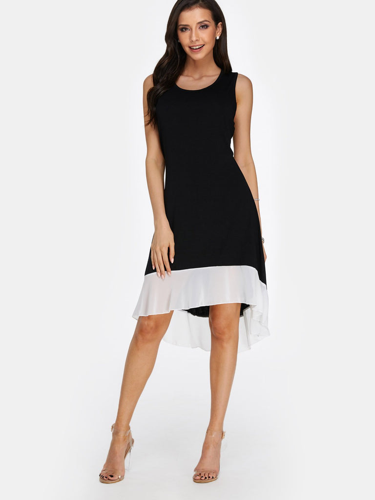 Black Round Neck Sleeveless Plain Stitching Hem Casual Dress