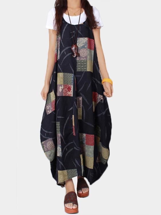 Round Neck Sleeveless Scarf Print Side Pockets Casual Dresses
