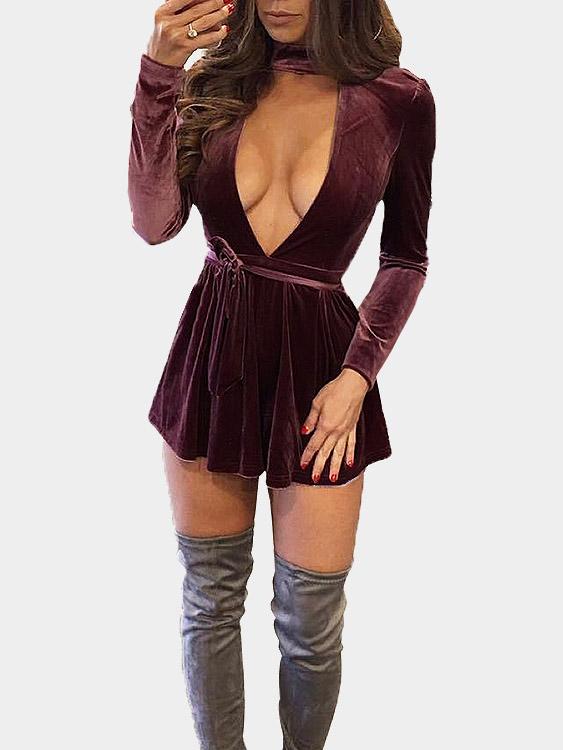 Burgundy Deep V-Neck Long Sleeve Plain Ruffle Hem Mini Dress