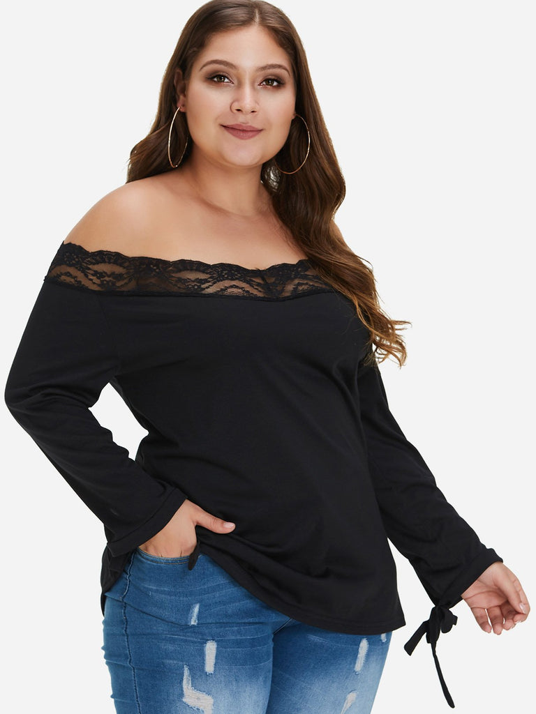 Off The Shoulder Plain Lace Self-Tie Long Sleeve Black Plus Size Tops