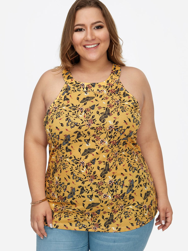 Round Neck Floral Print Calico Cut Out Sleeveless Yellow Plus Size Tops