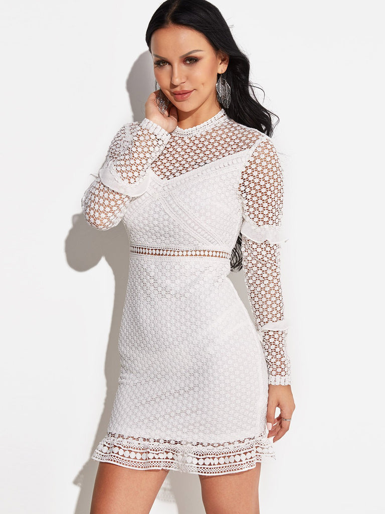 White Long Sleeve Lace Zip Back Hollow Flounced Hem Sexy Dresses