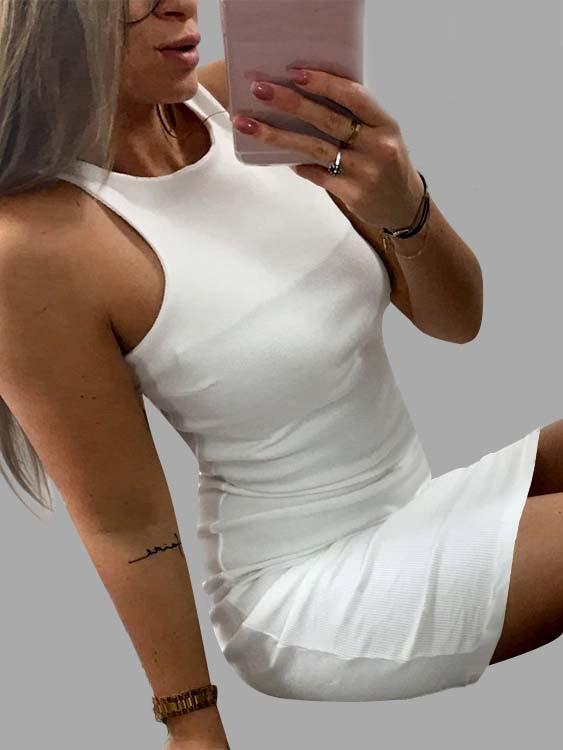 White Crew Neck Sleeveless Bodycon Hem Dresses