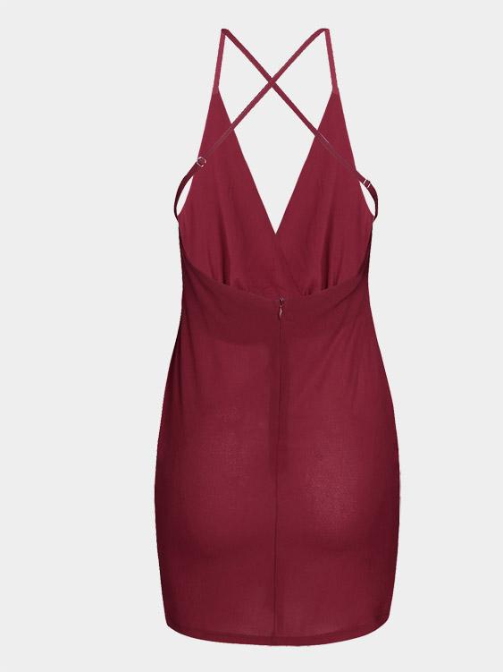 Burgundy V-Neck Sleeveless Backless Spaghetti Strap Irregular Hem Mini Dress