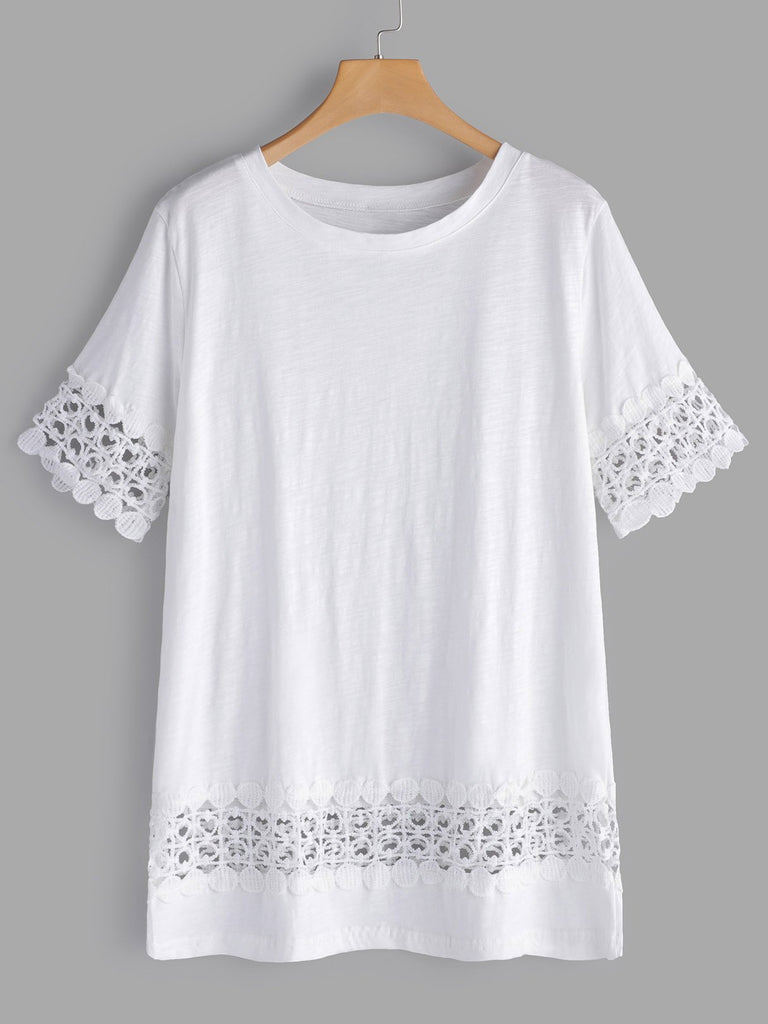 Round Neck Plain Lace Hollow Short Sleeve Stitching Hem Plus Size Tops