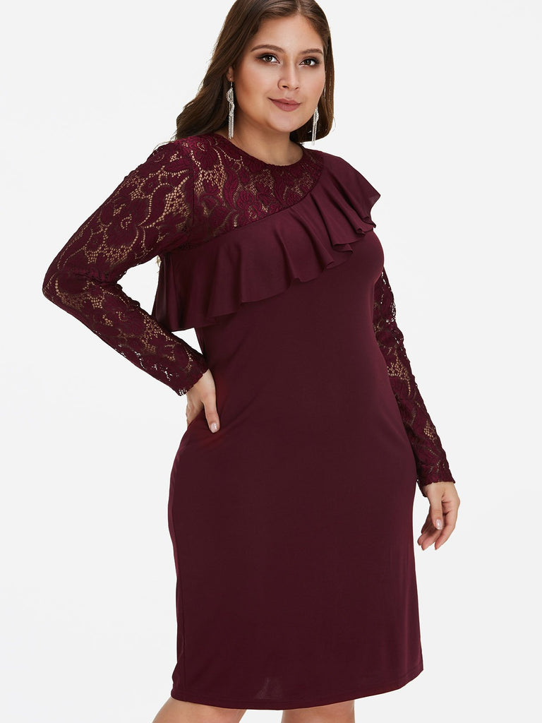 Round Neck Plain Lace Ruffle Trim Long Sleeve Burgundy Plus Size Dress