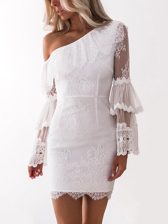 White Asymmetrical One Shoulder Lace Zip Back Bodycon Sexy Dress