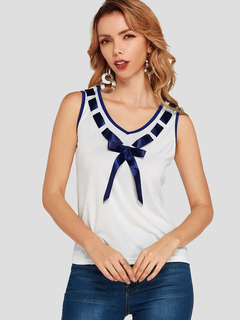 Crew Neck Lace-Up Sleeveless White Tank Top