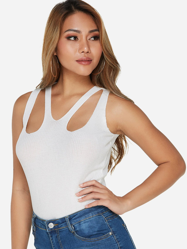 V-Neck Plain Cut Out Sleeveless White Tank Top