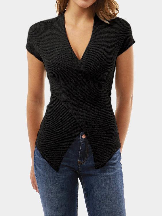 V-Neck Plain Crossed Front Short Sleeve Irregular Hem Black Top