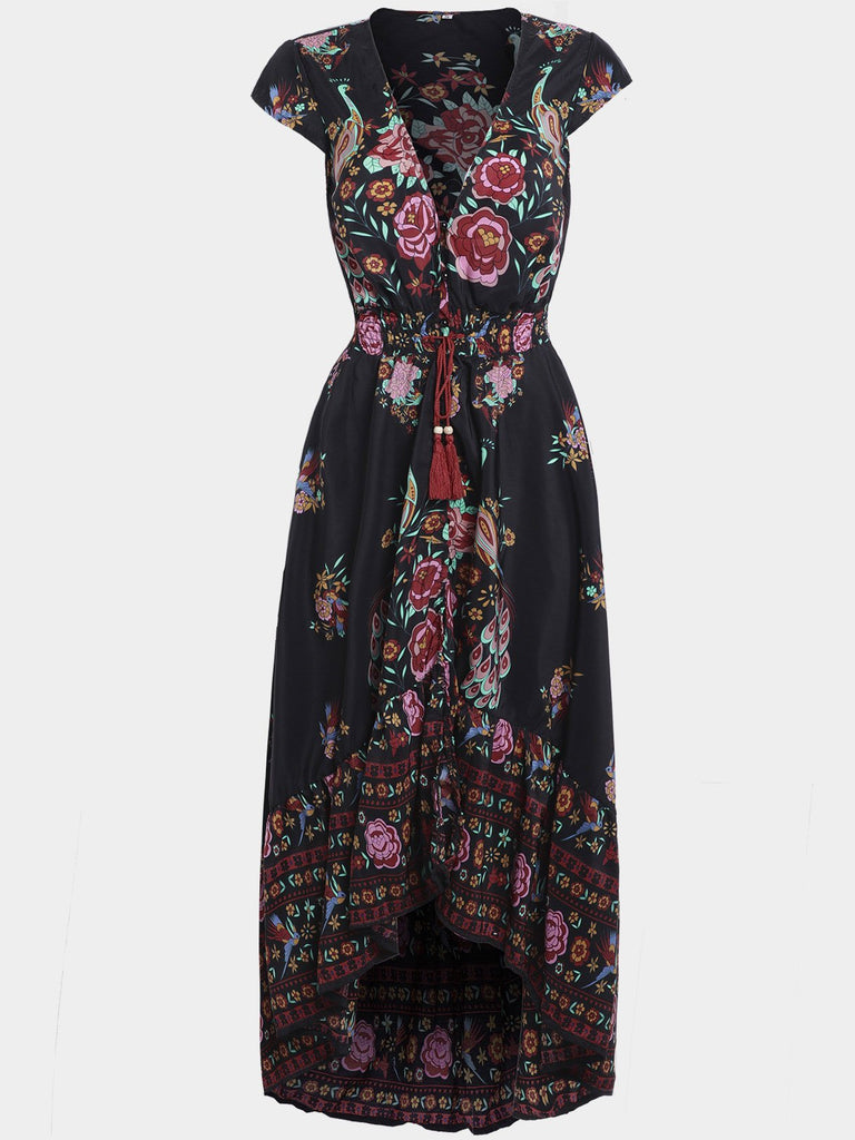 Black V-Neck Floral Print Self-Tie Slit Hem Maxi Dress