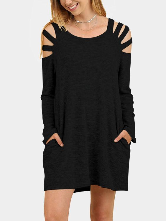 Black Round Neck Long Sleeve Cut Out Casual Dresses