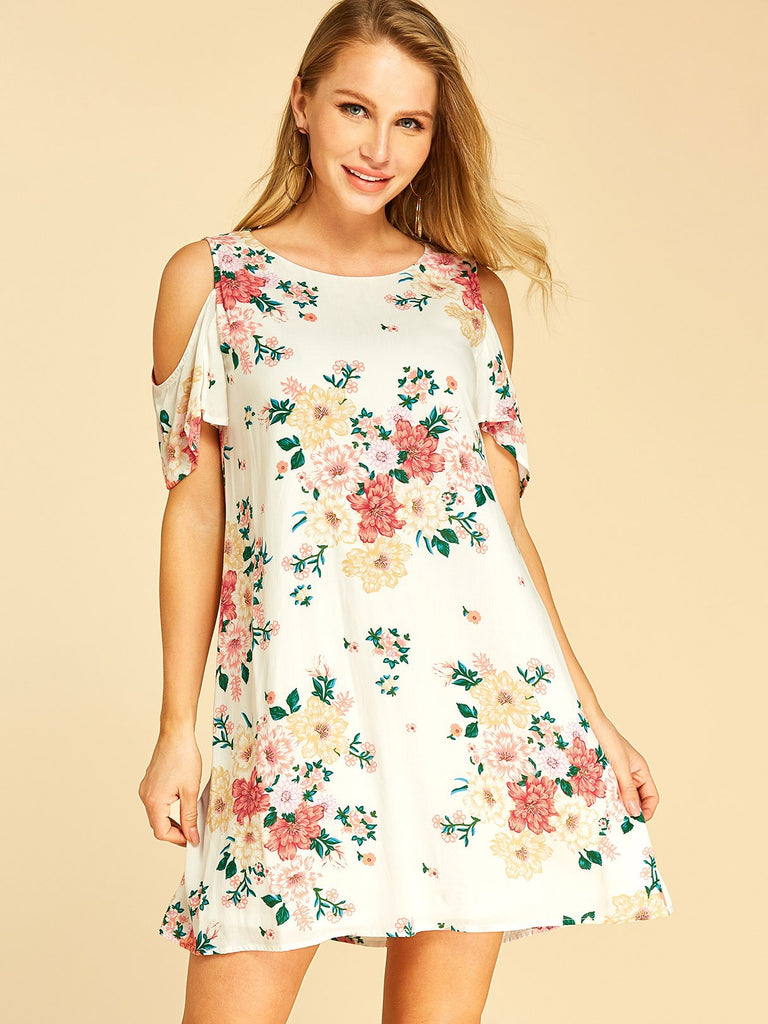 White Cold Shoulder Short Sleeve Floral Print Dresses