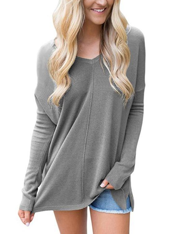 V-Neck Long Sleeve Slit Hem Grey T-Shirts