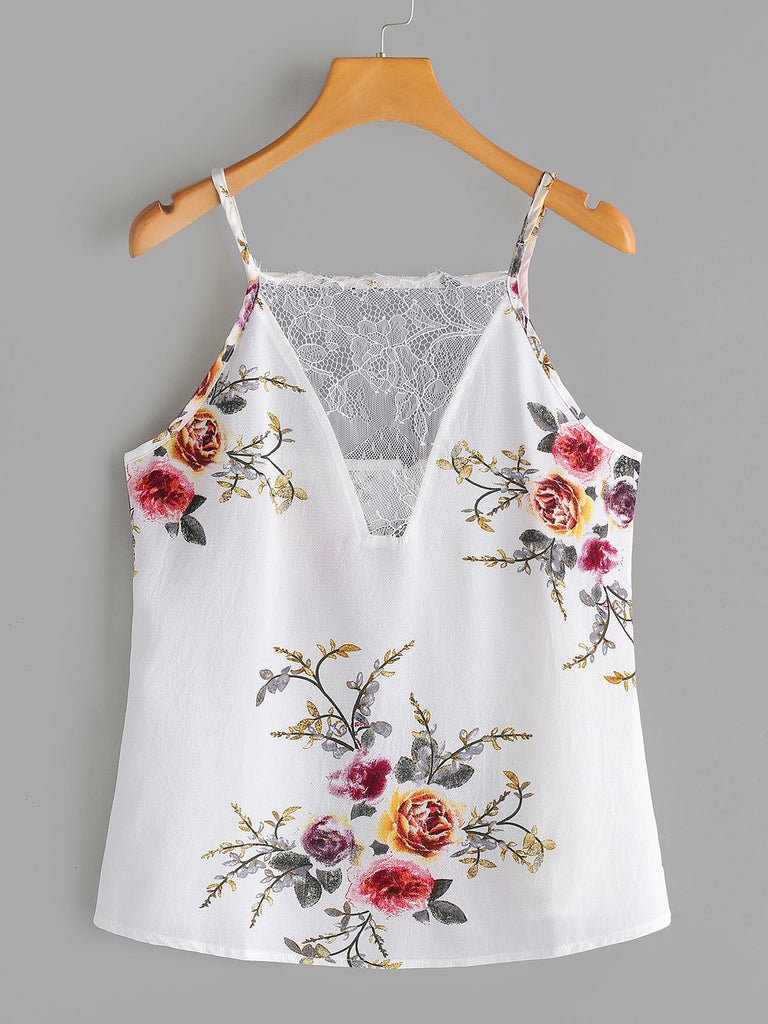 Deep V Neck Floral Print Lace Backless Spaghetti Strap Sleeveless White Camis