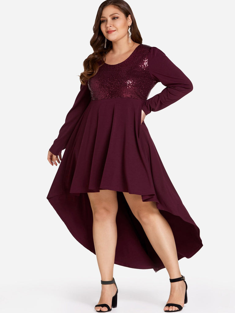 Round Neck Sequins Embellished Long Sleeve High-Low Hem Burgundy Plus Size Dresses