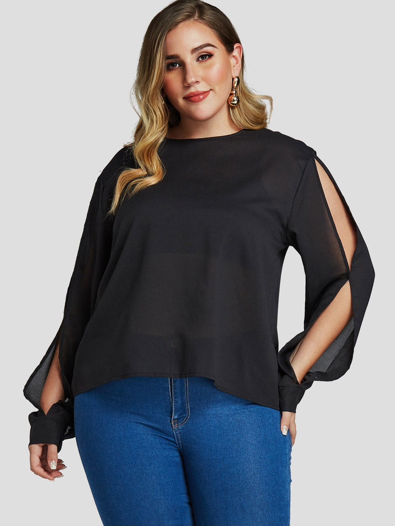 Round Neck Plain Cut Out Long Sleeve Black Plus Size Tops