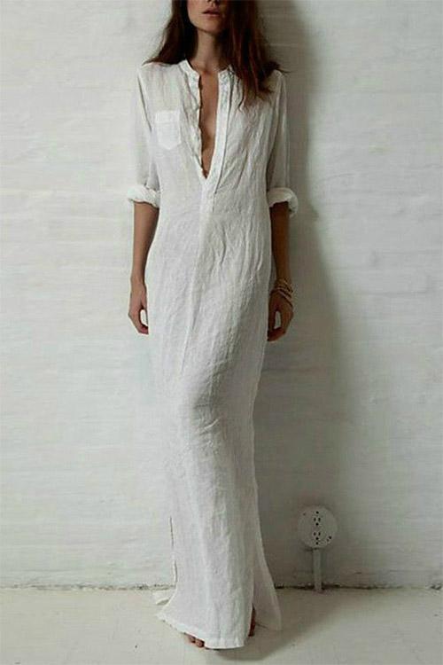 White Deep V Neck 3/4 Sleeve Length Dresses