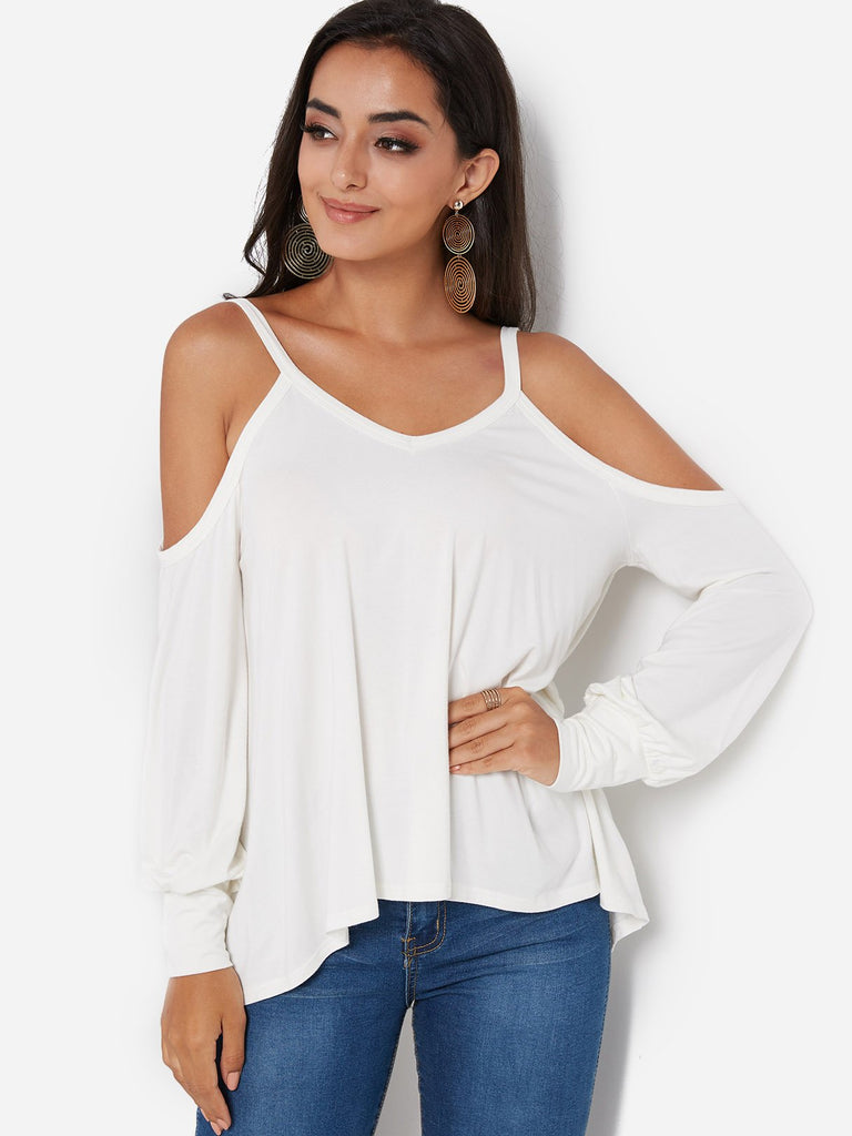 V-Neck Cold Shoulder Long Sleeve Irregular Hem White T-Shirts