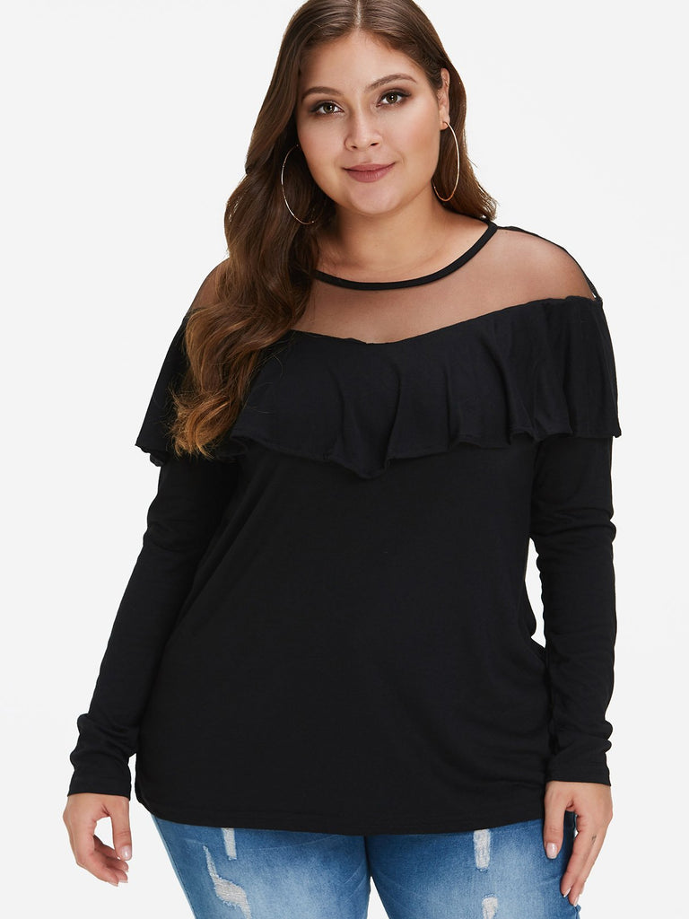 Round Neck Plain See Through Ruffle Trim Long Sleeve Black Plus Size Tops