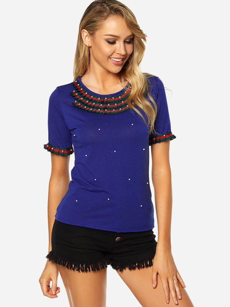 Crew Neck Short Sleeve Blue T-Shirts