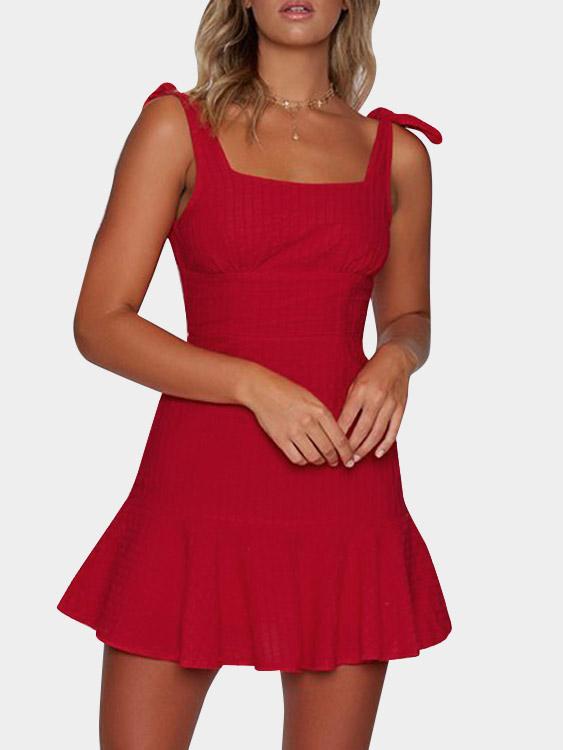 Red Square Neck Sleeveless Zip Back Lace-Up Sexy Dresses