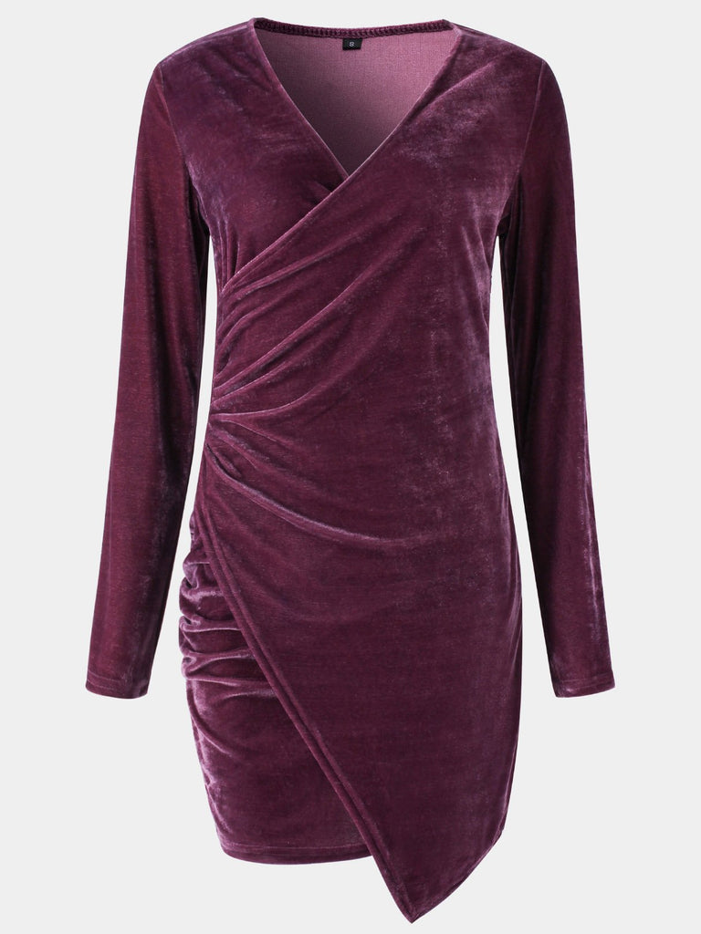 Purple V-Neck Long Sleeve Plain Irregular Hem Mini Dresses