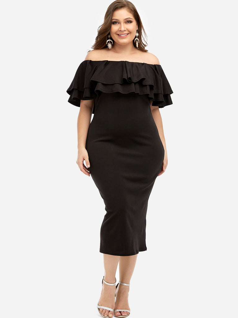 Off The Shoulder Plain Tiered Ruffle Trim Half Sleeve Plus Size Dresses