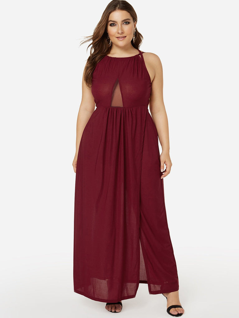 Halter Plain Backless See Through Criss-Cross Sleeveless Slit Hem Plus Size Dresses