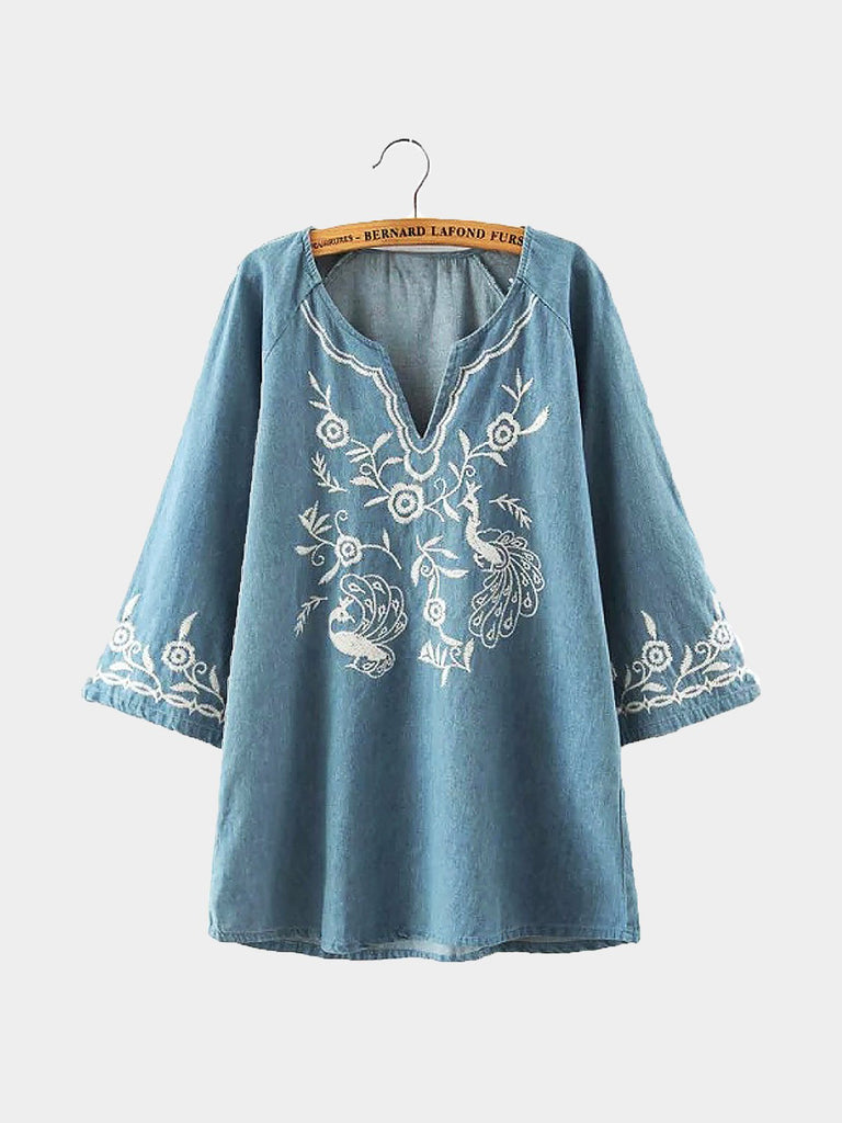 Blue V-Neck 3/4 Sleeve Length Embroidered Mini Dress