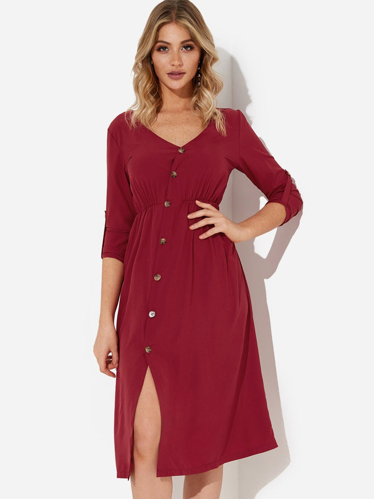 Ladies Burgundy V-Neck Dresses