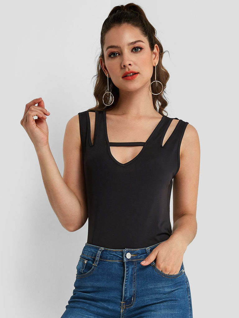 V-Neck Cut Out Sleeveless Black Tank Top