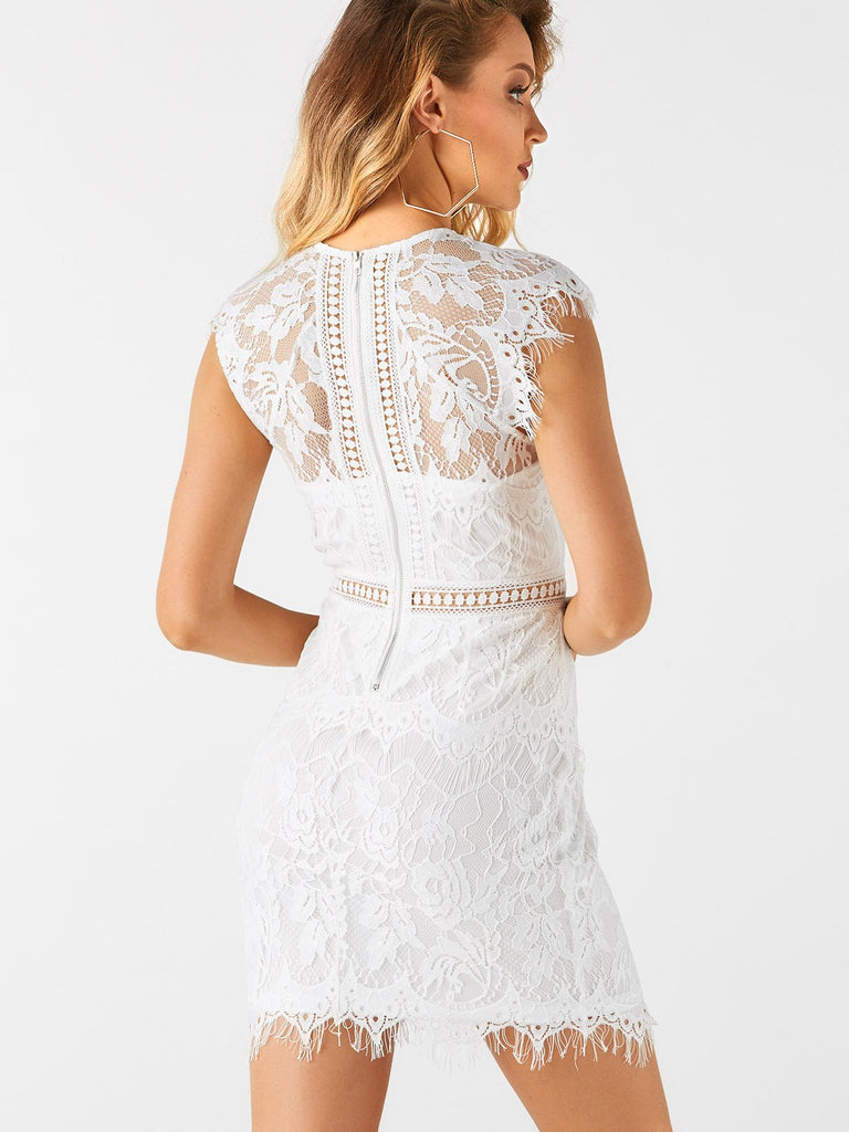 White Bateau Short Sleeve Lace Zip Back High-Waisted Sexy Dress