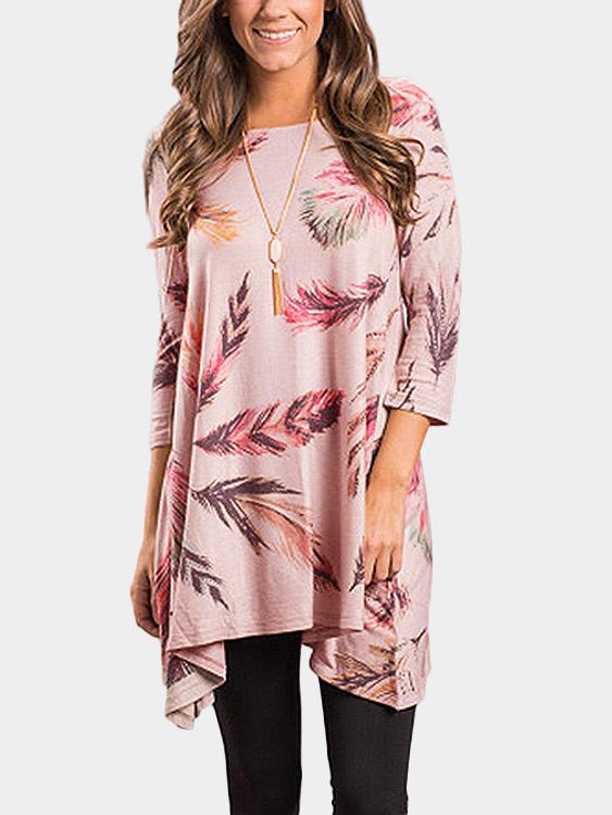 Pink Round Neck 3/4 Length Sleeve Printed Irregular Hem Casual Dresses