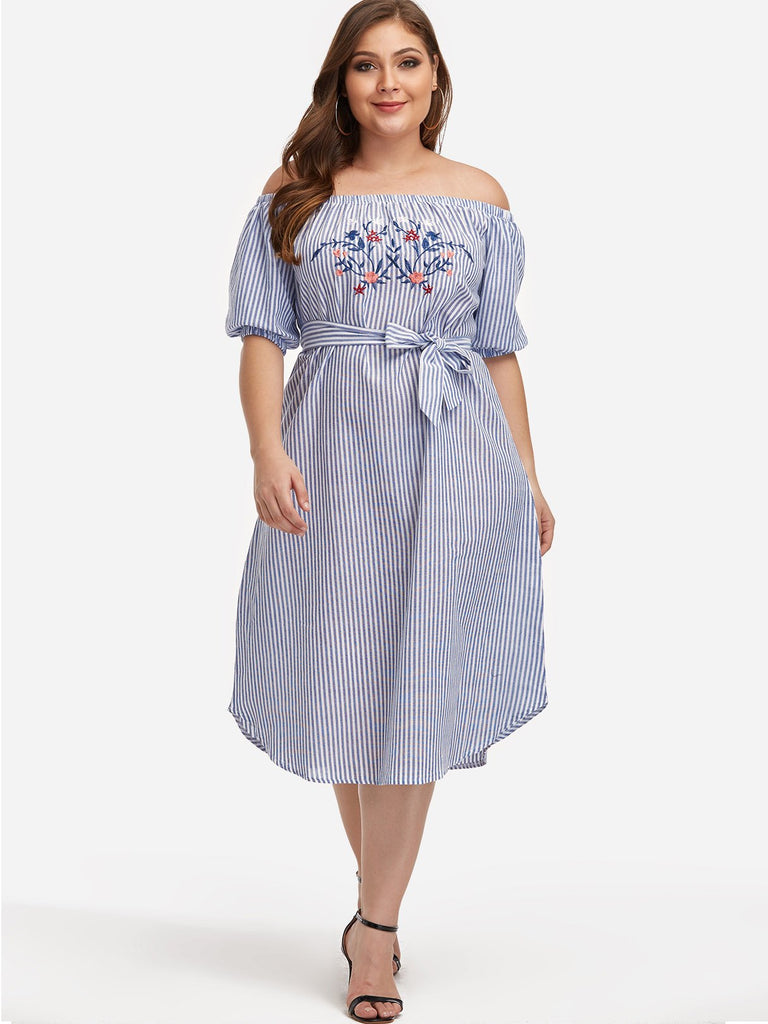 Off The Shoulder Stripe Embroidered Self-Tie Half Sleeve Curved Hem Blue Plus Size Dresses