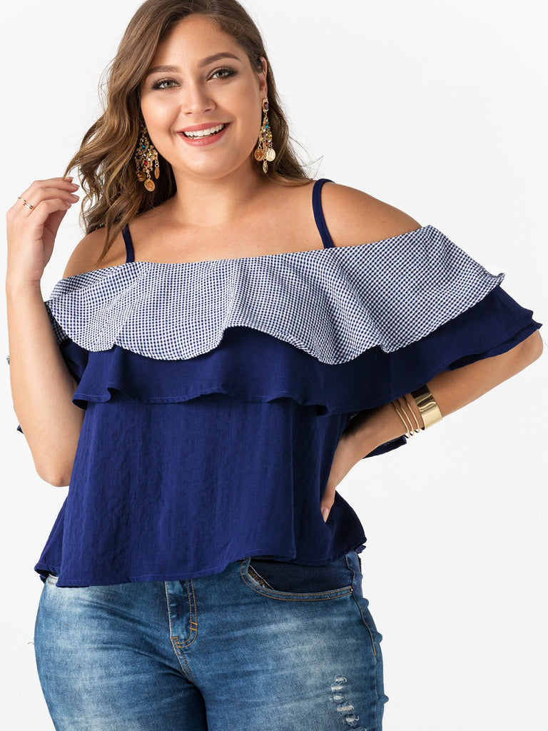 Off The Shoulder Plain Tiered Short Sleeve Flounced Hem Dark Blue Plus Size Tops