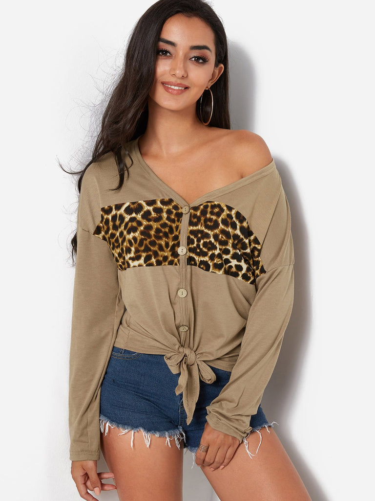 V-Neck Leopard Khaki T-Shirts