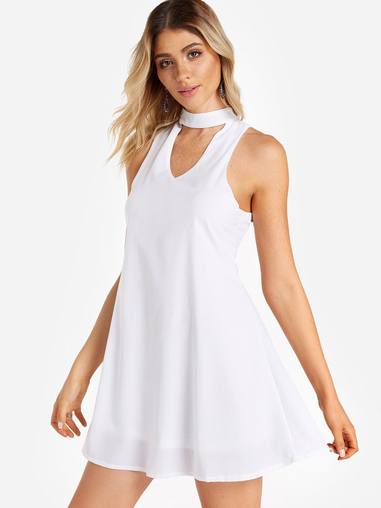 Perkins Collar Sleeveless Plain Tiered Cut Out White Casual Dresses